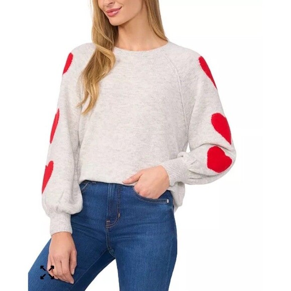 Cece Soft Gray Sweater Red Heart Raglan Pullover M - Picture 1 of 7